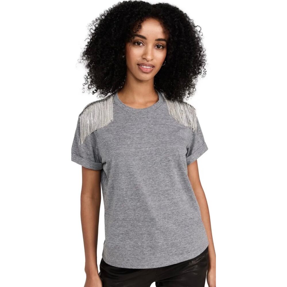 Cinq a Sept Bree Rhinestone Grey Crewneck Cotton Blend Tee XS